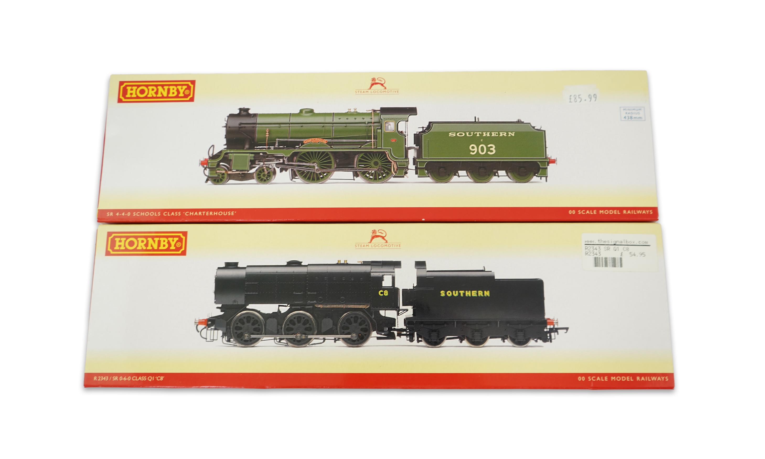 Two boxed Hornby Hobbies 00 gauge railway Southern Railway locomotives; a class Q1, C8, (R2343), together with a Schools Class, Charterhouse 903, (R2742)